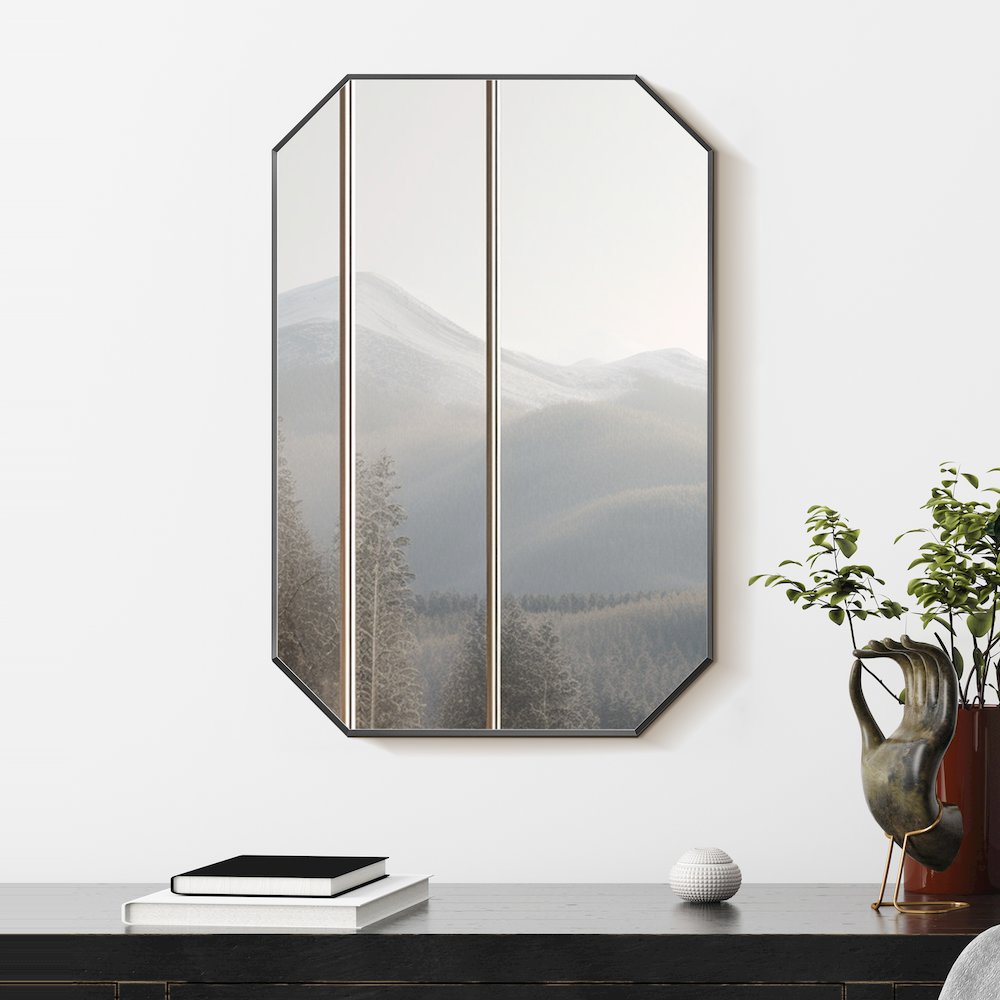 24"x36" Octagon Aluminum Framed in Matte Black Modern Bathroom Wall Mirror. Picture 6