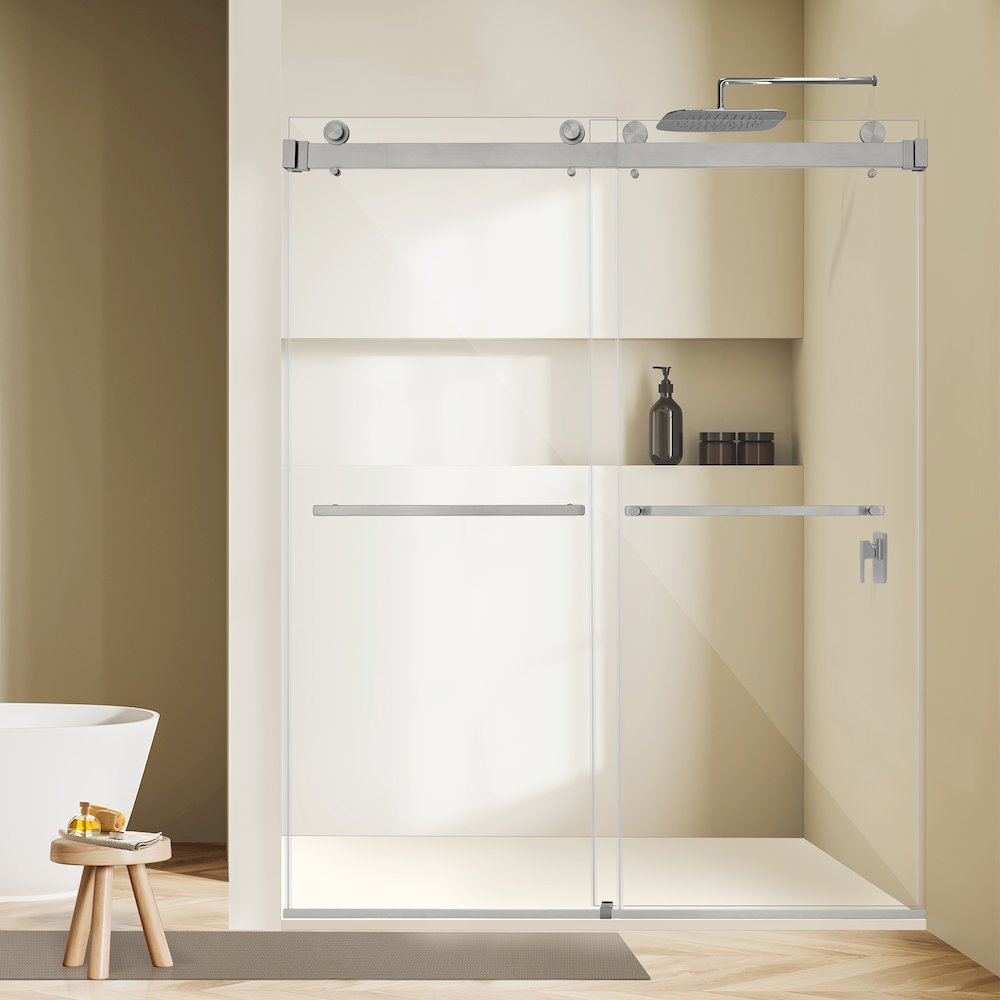 Frameless Exposed Roller Shower Door in Brushed Nickel with Clear Glass. Picture 6
