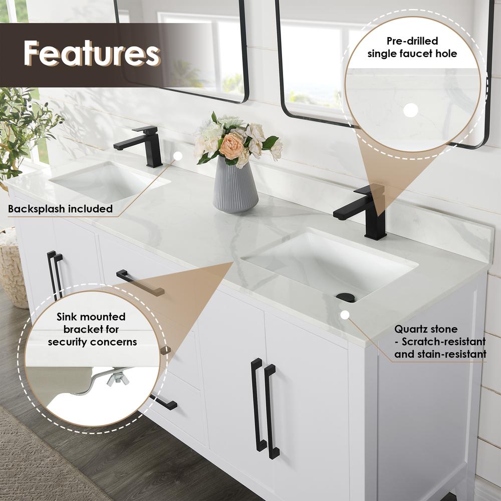 Double Bathroom Vanity in White with Stone Countertop without Mirror. Picture 5