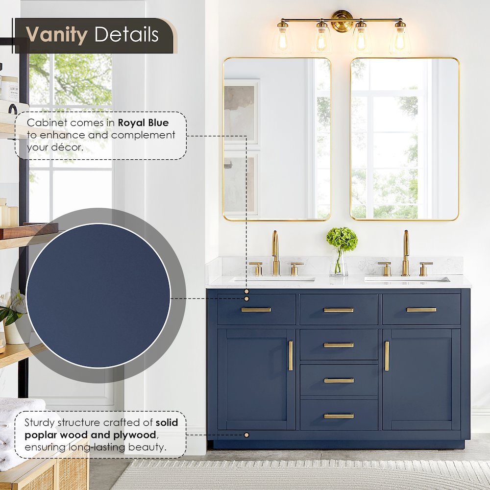 54" Double Bathroom Vanity in Royal Blue with Grain White. Picture 7