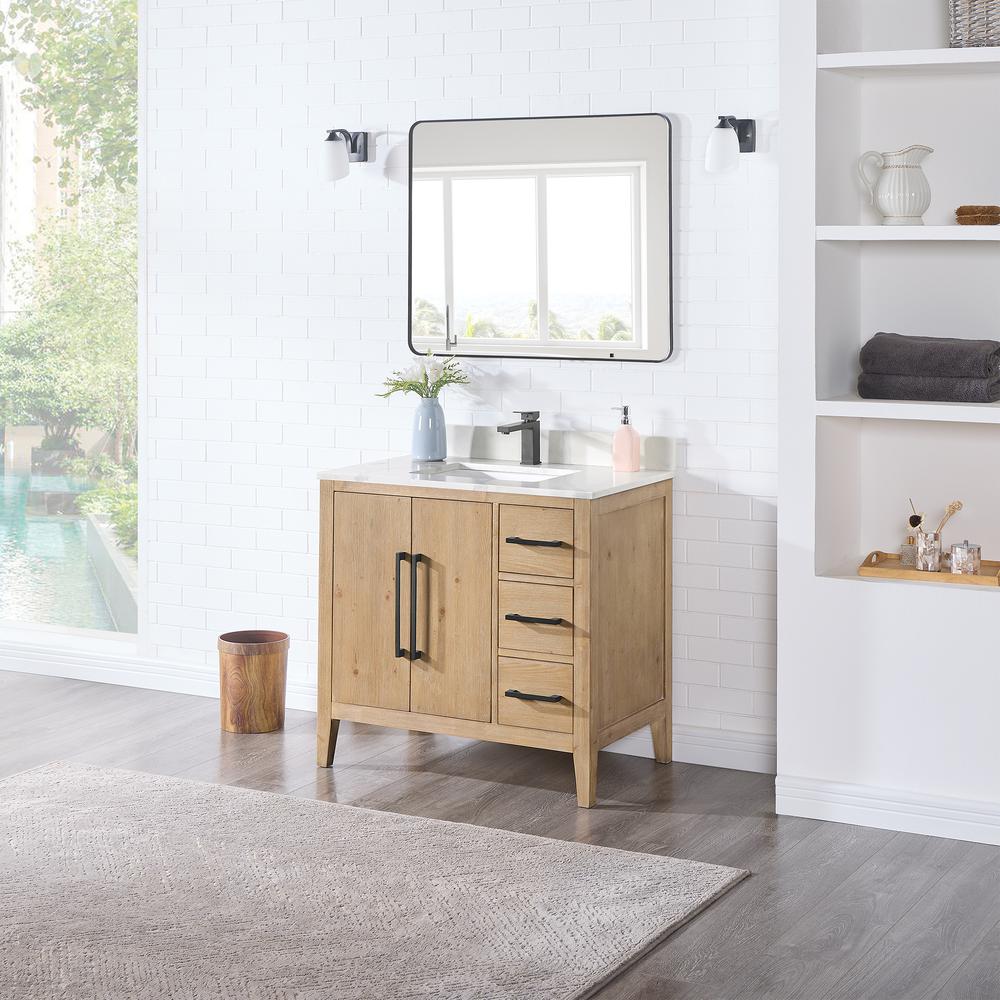 Single Bathroom Vanity in Weathered Fir with Stone Countertop with Mirror. Picture 3