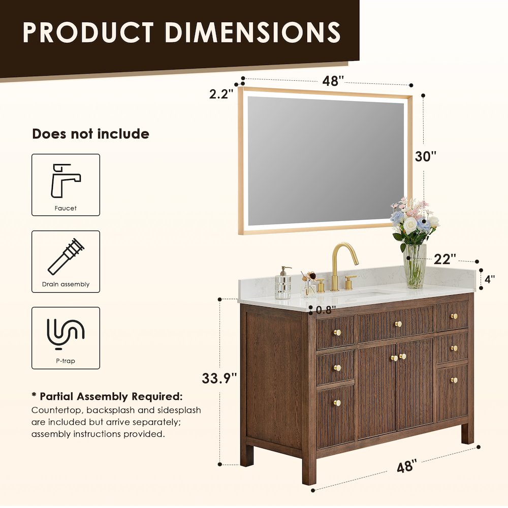 Single Bathroom Vanity in Brown Oak Grain White Engineered Stone Countertop. Picture 11