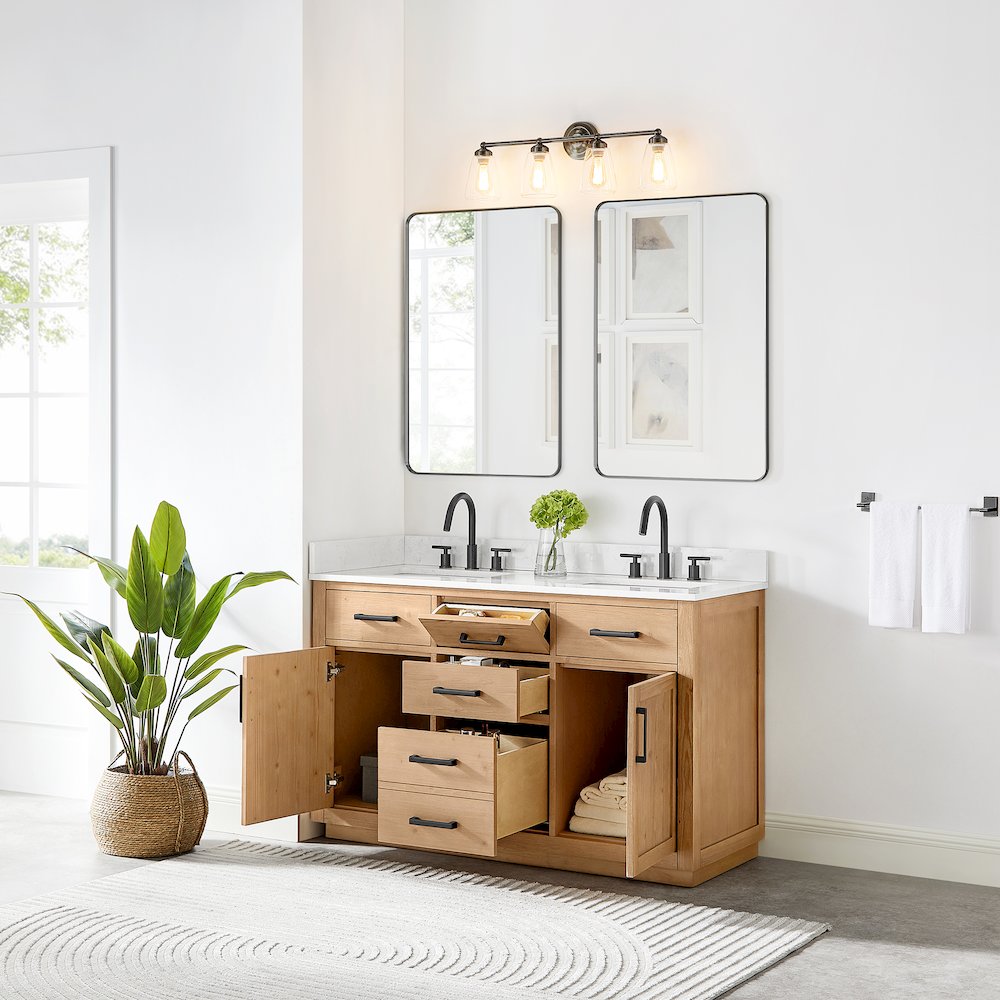 54" Double Bathroom Vanity in Light Brown with Grain White. Picture 4