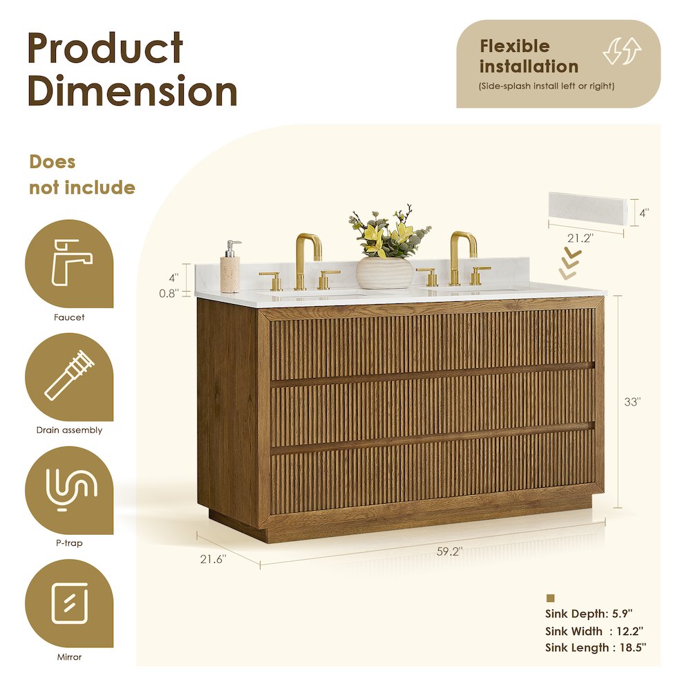 Navan 60" Double Bathroom Vanity in Weathered Brown. Picture 13