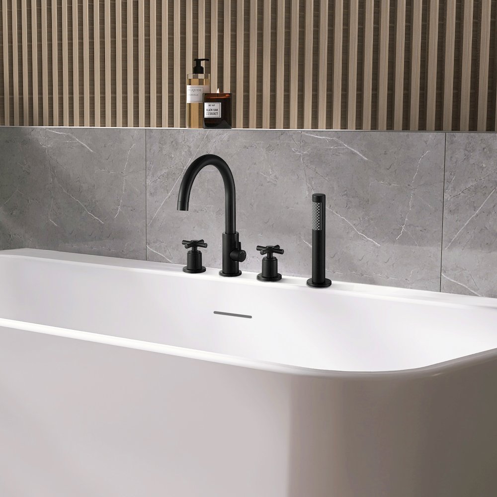 Cross Handles Deck-Mount Roman Tub Faucet in Matte Black with Handshower. Picture 5
