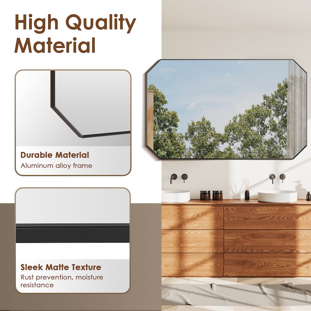 48"x30" Octagon Aluminum Framed in Matte Black Modern Bathroom Wall Mirror. Picture 7