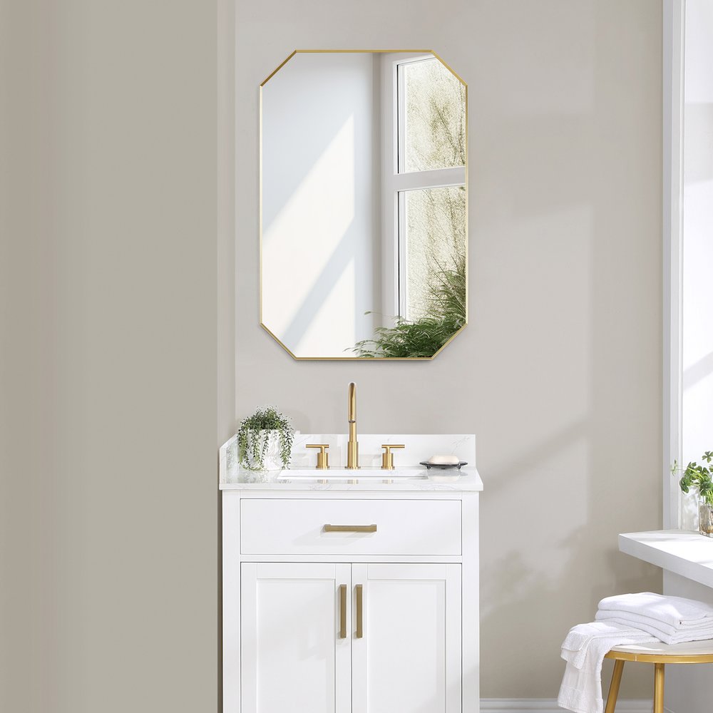 24"x36" Octagon Aluminum Framed in Brushed Gold Modern Bathroom Wall Mirror. Picture 6
