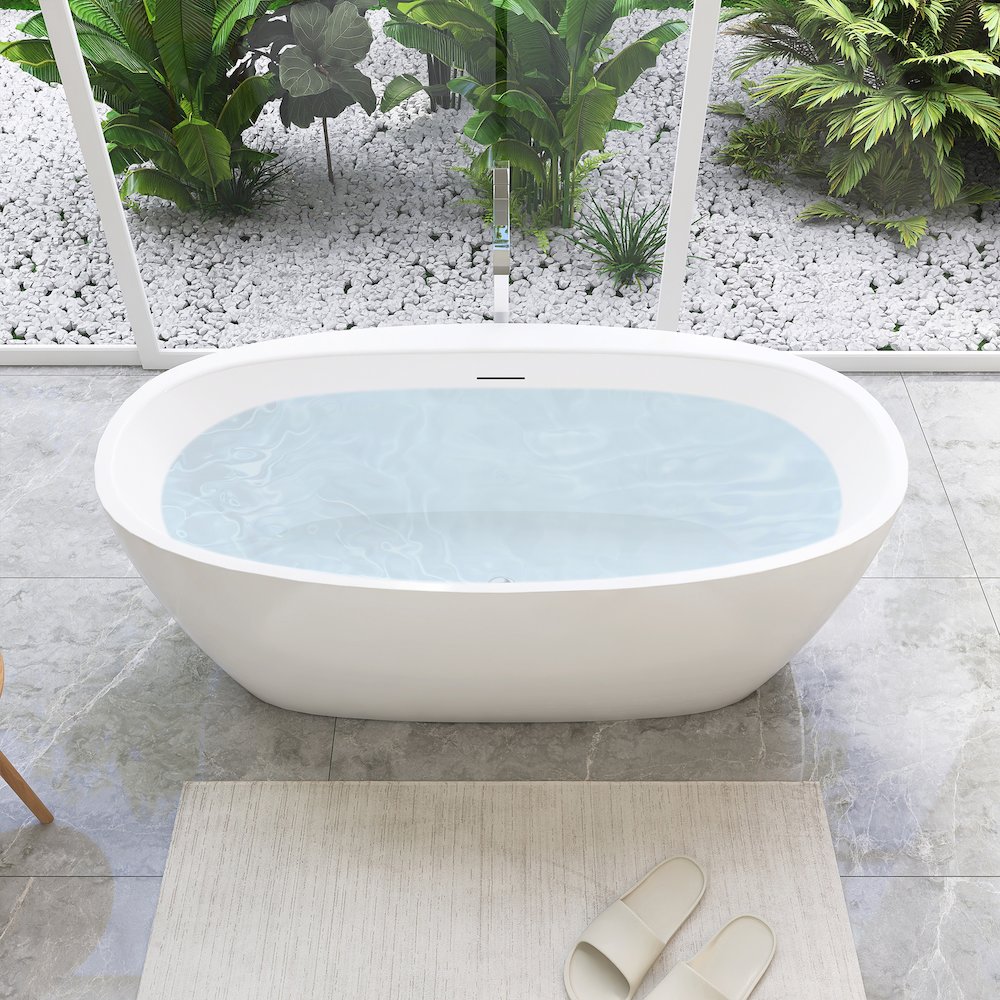 59" x 32" Flatbottom Freestanding Acrylic Soaking Bathtub in Glossy White. Picture 7