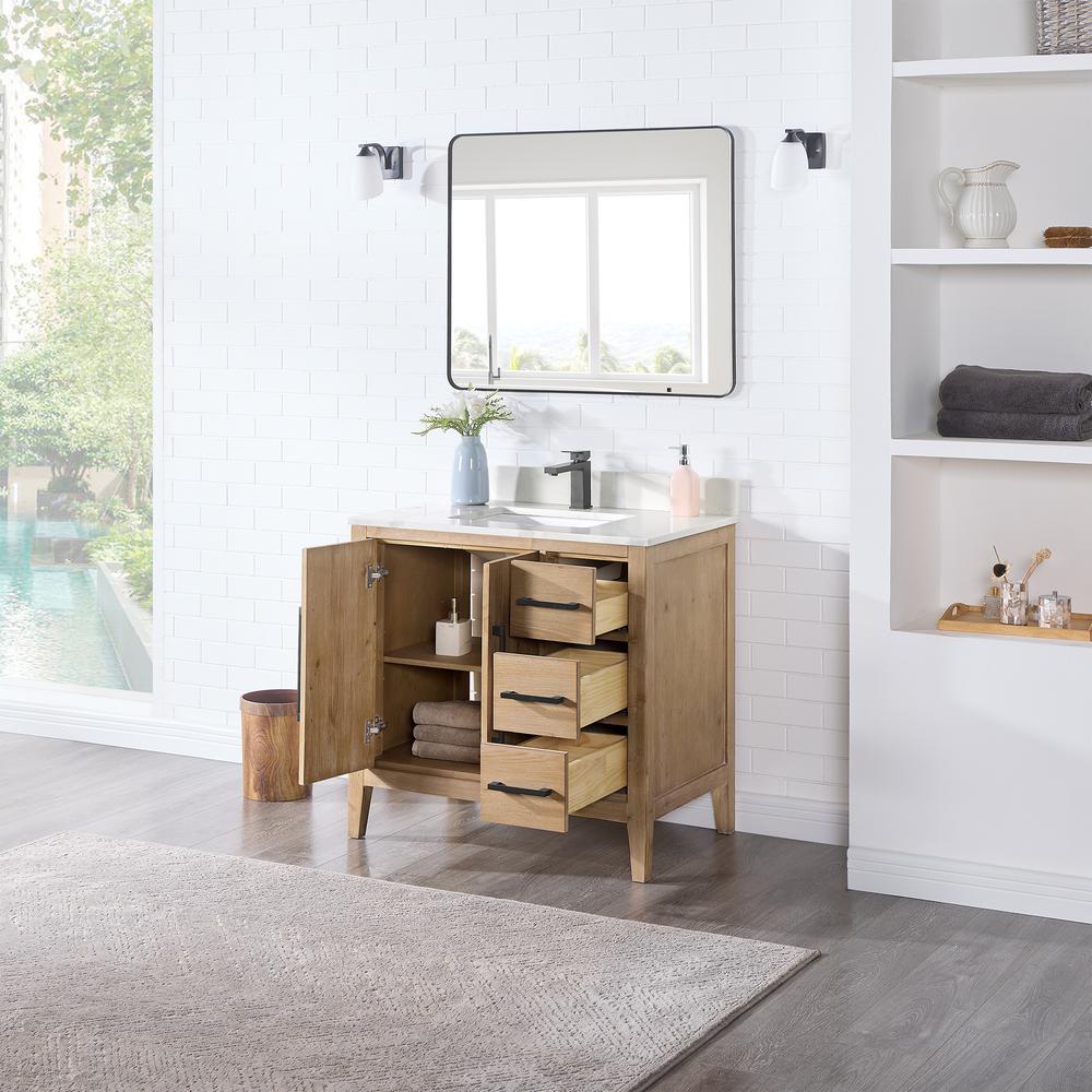 Single Bathroom Vanity in Weathered Fir with Stone Countertop with Mirror. Picture 4