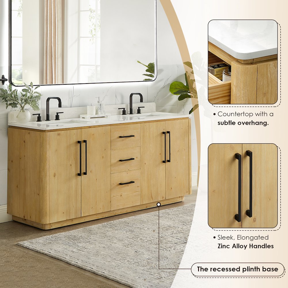 72" Double Bathroom Vanity in Nature Brown with Grain White. Picture 6