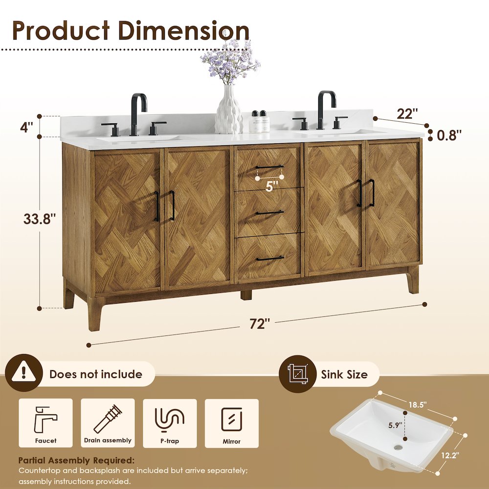 Clara 72" Double Bathroom Vanity in Weathered Brown. Picture 13
