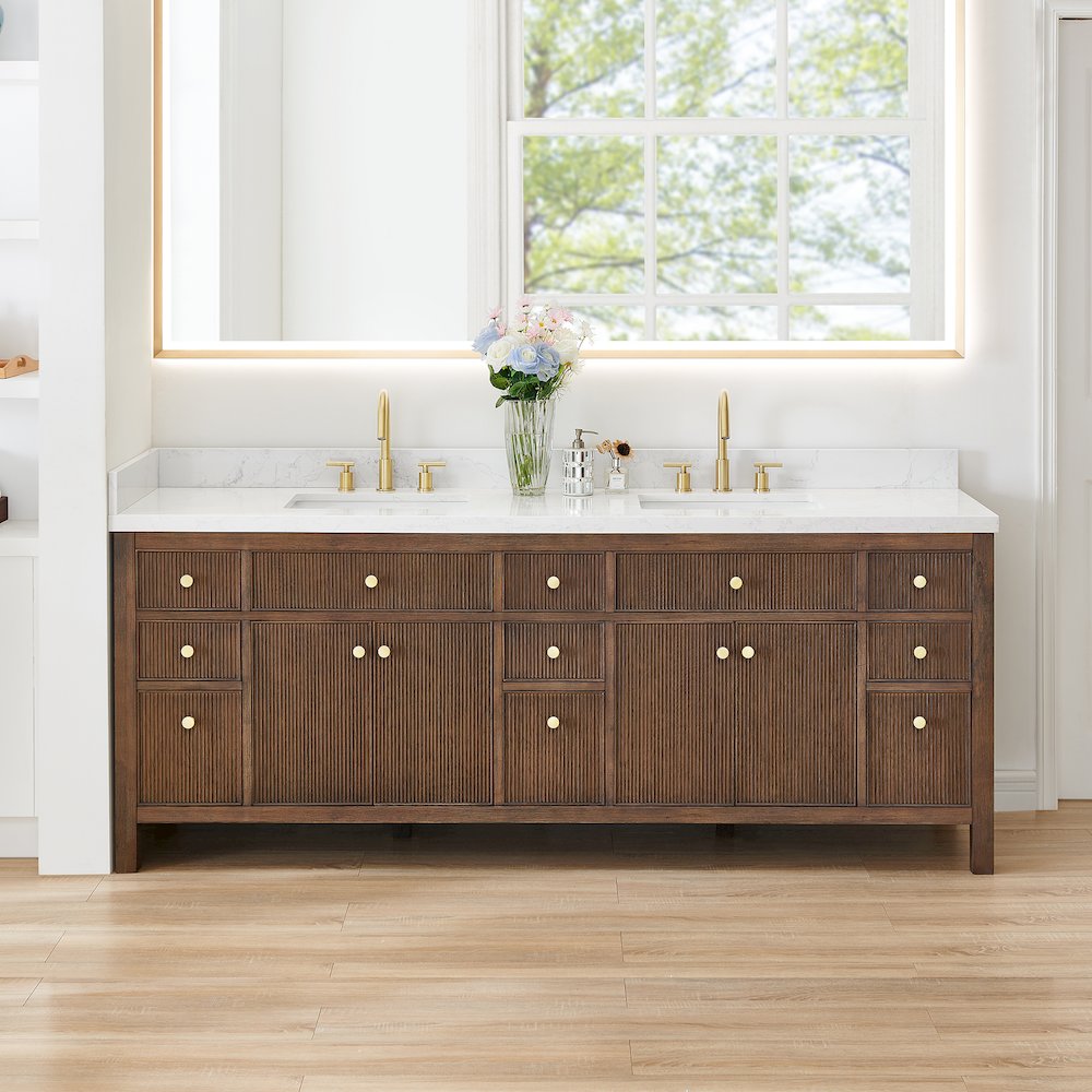 Double Bathroom Vanity in Brown Oak Grain White Engineered Stone Countertop. Picture 2
