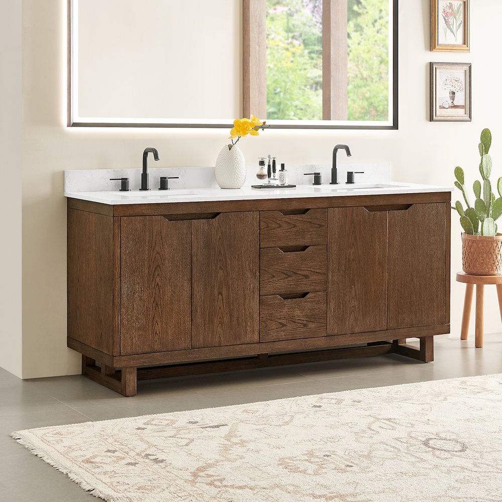 72" Double Bathroom Vanity in Brown Brushed Oak with Grain White. Picture 3