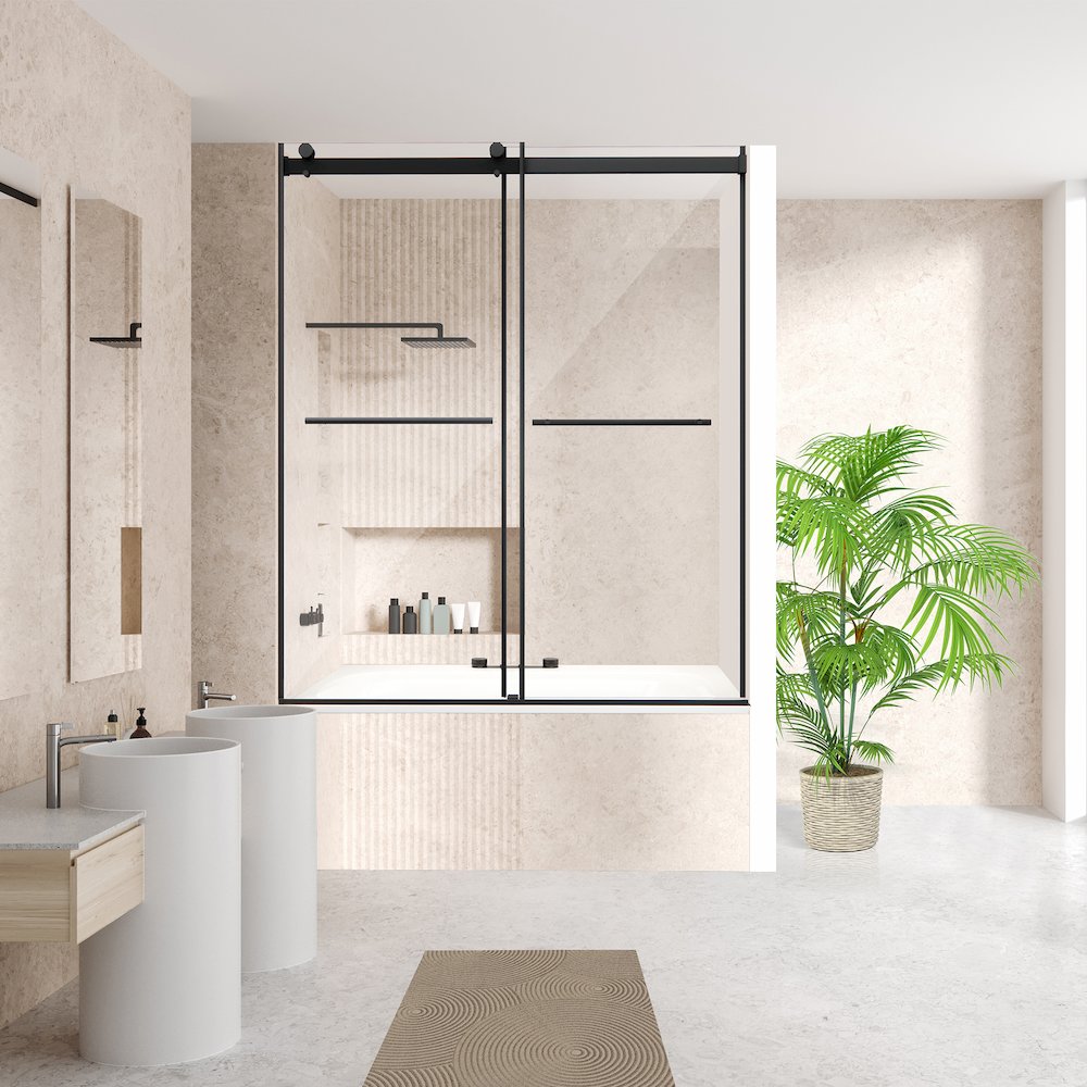 Frameless Exposed Roller Tub Door in Matte Black with Clear Glass. Picture 5