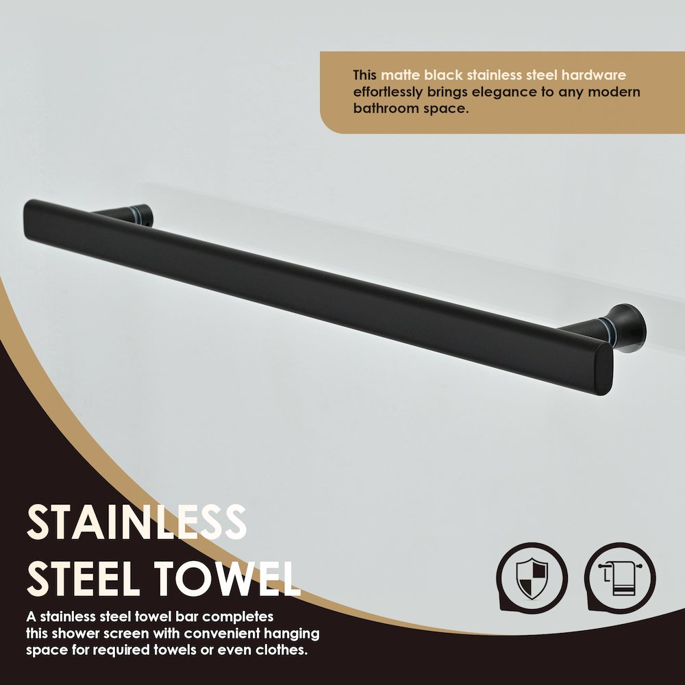 Frameless Hinged Tub Door in Matte Black with Clear Glass. Picture 9