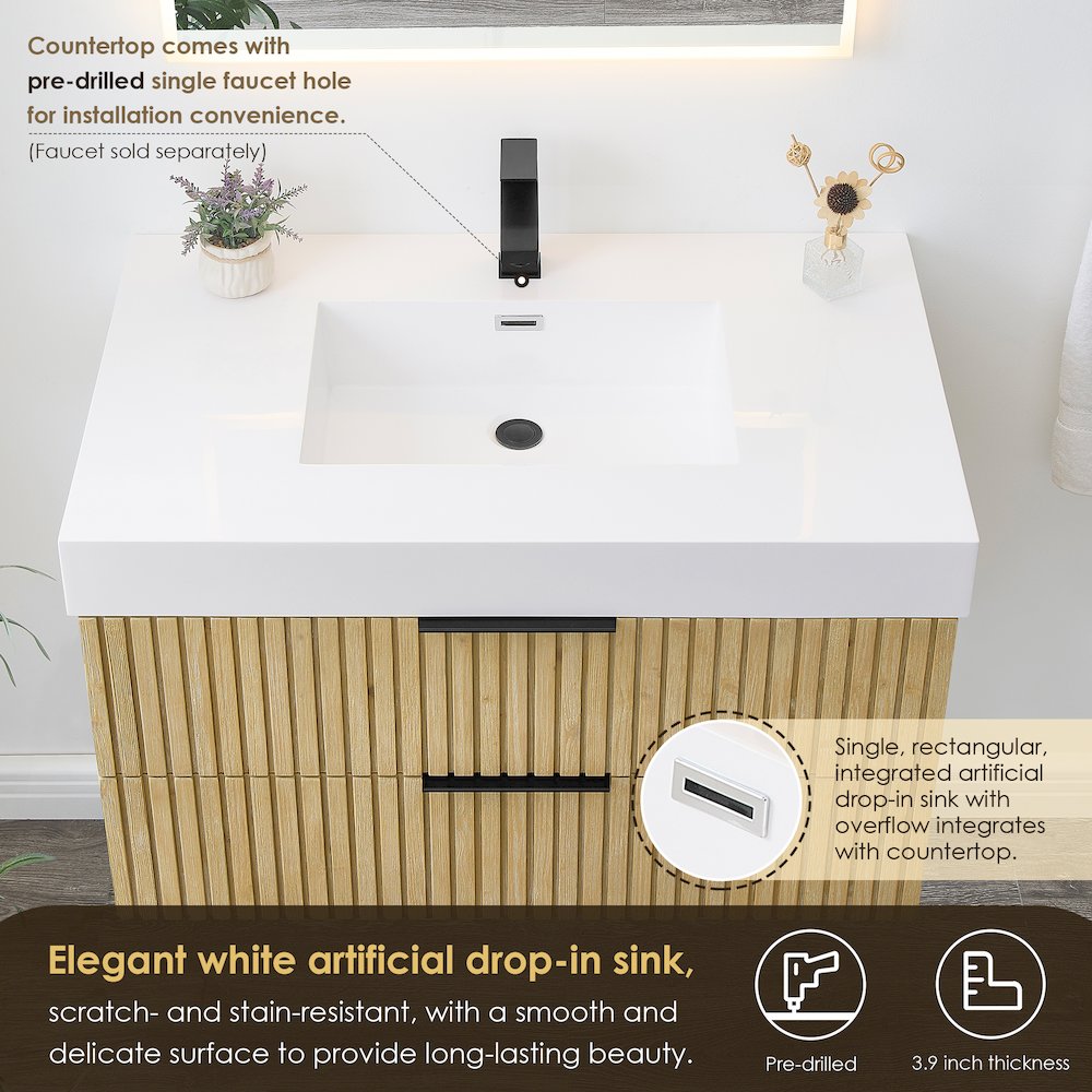 Single Bathroom Vanity in Nature Brown White Artificial Drop-in Sink. Picture 6