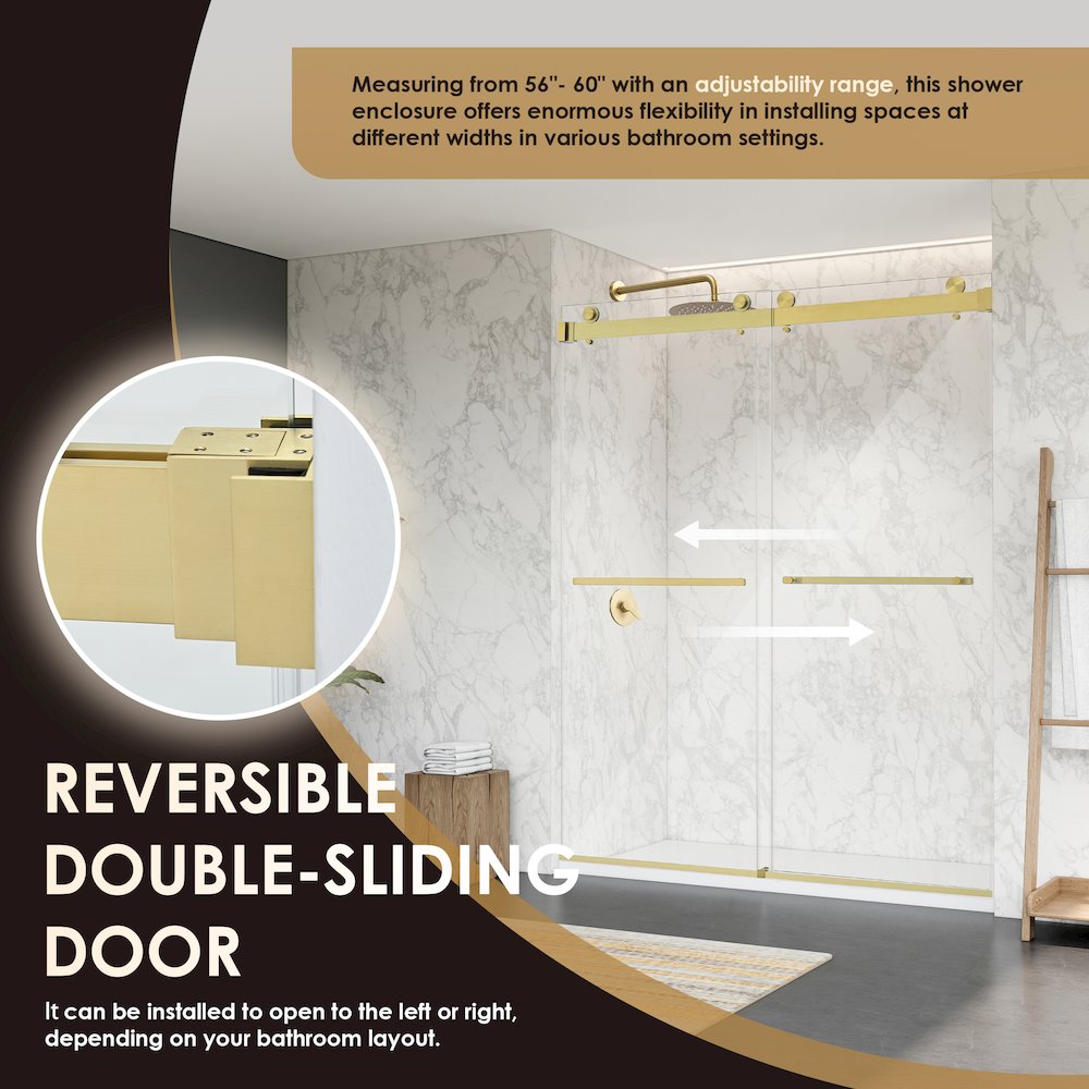 Frameless Exposed Roller Shower Door in Brushed Gold with Clear Glass. Picture 11