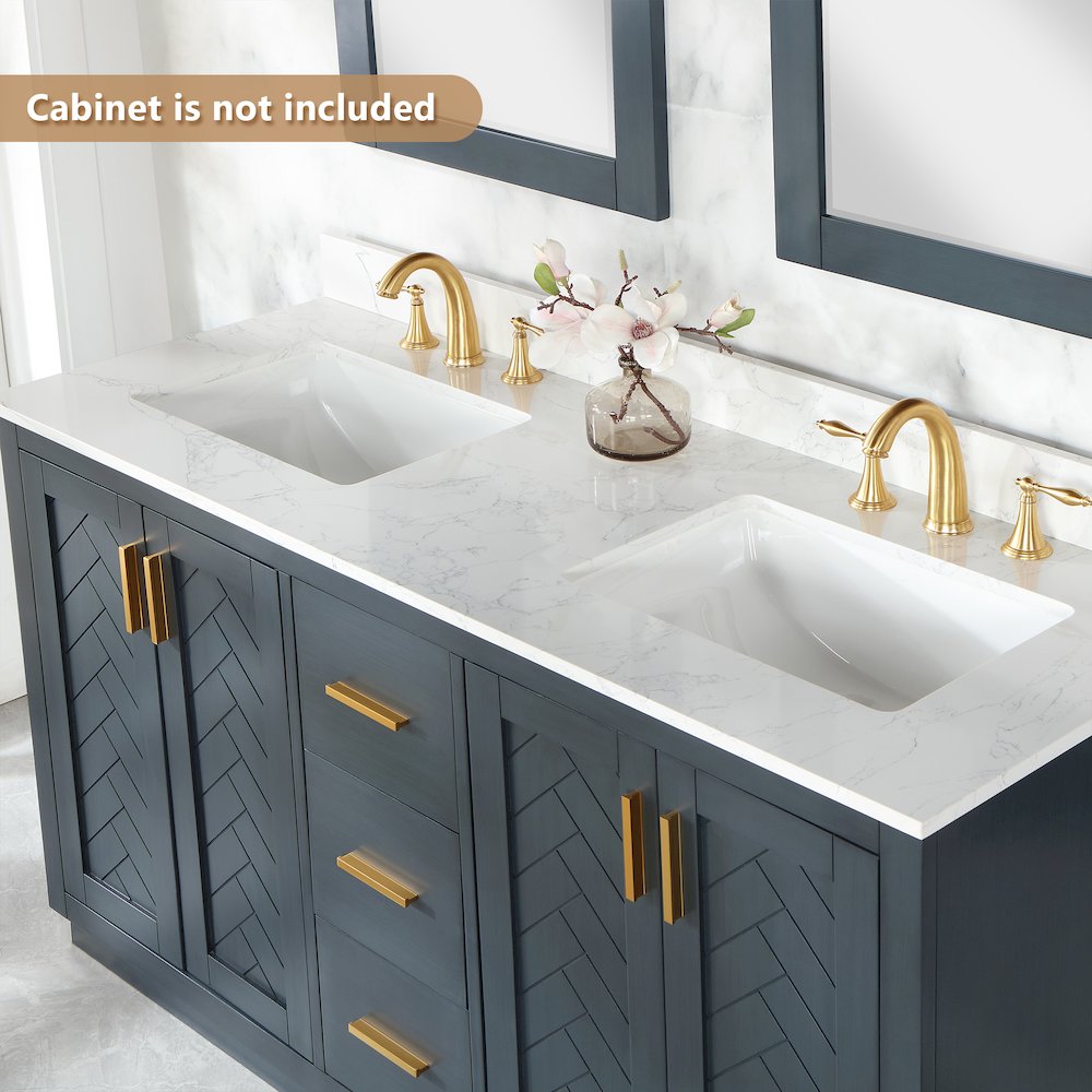 Ceres 61. in Engineered Stone Vanity Top in Grain White with Double White Sink. Picture 5