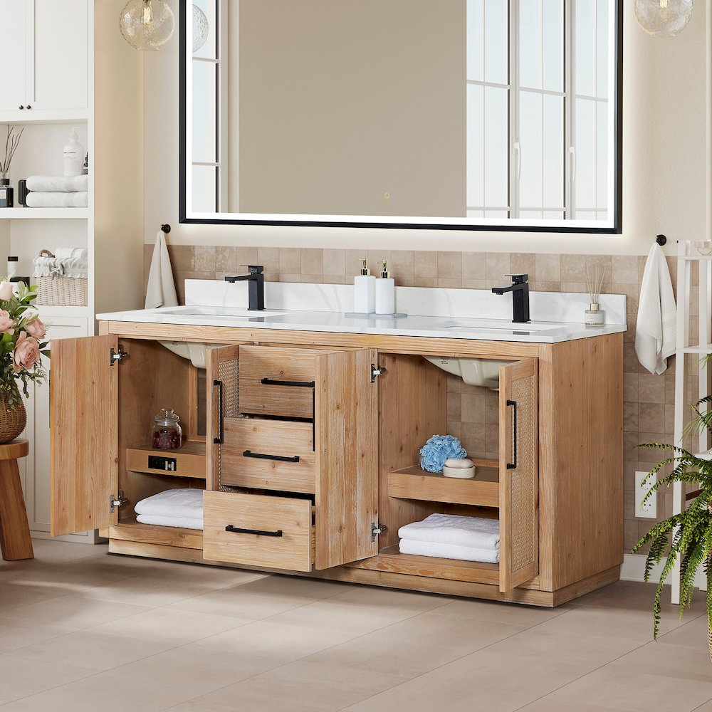 72" Double Bathroom Vanity with Calacatta White Quartz Countertop without Mirror. Picture 4