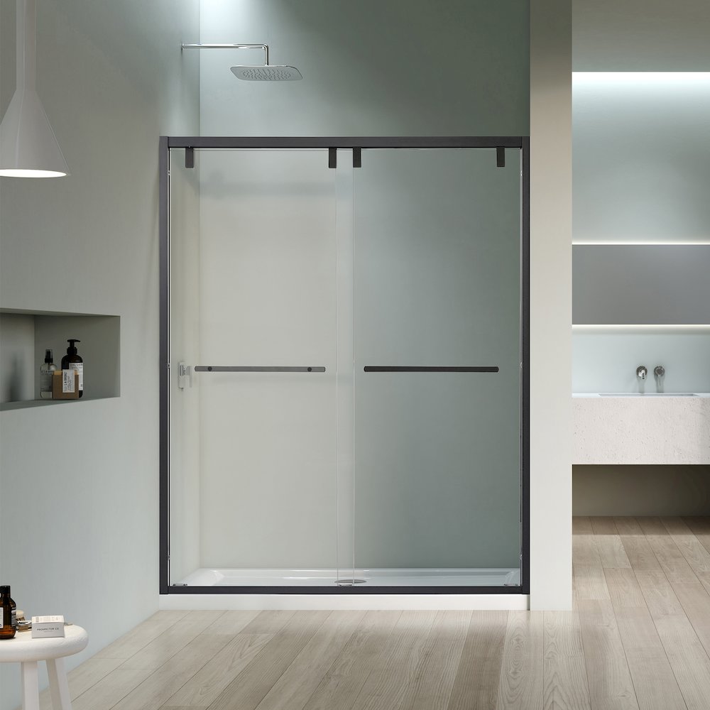 By Pass Semi Frameless Shower Door in Matte Black with Clear Glass. Picture 3