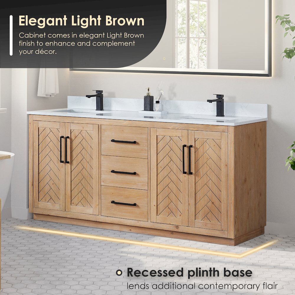 72" Double Bathroom Vanity with Grain White Countertop without Mirror. Picture 5