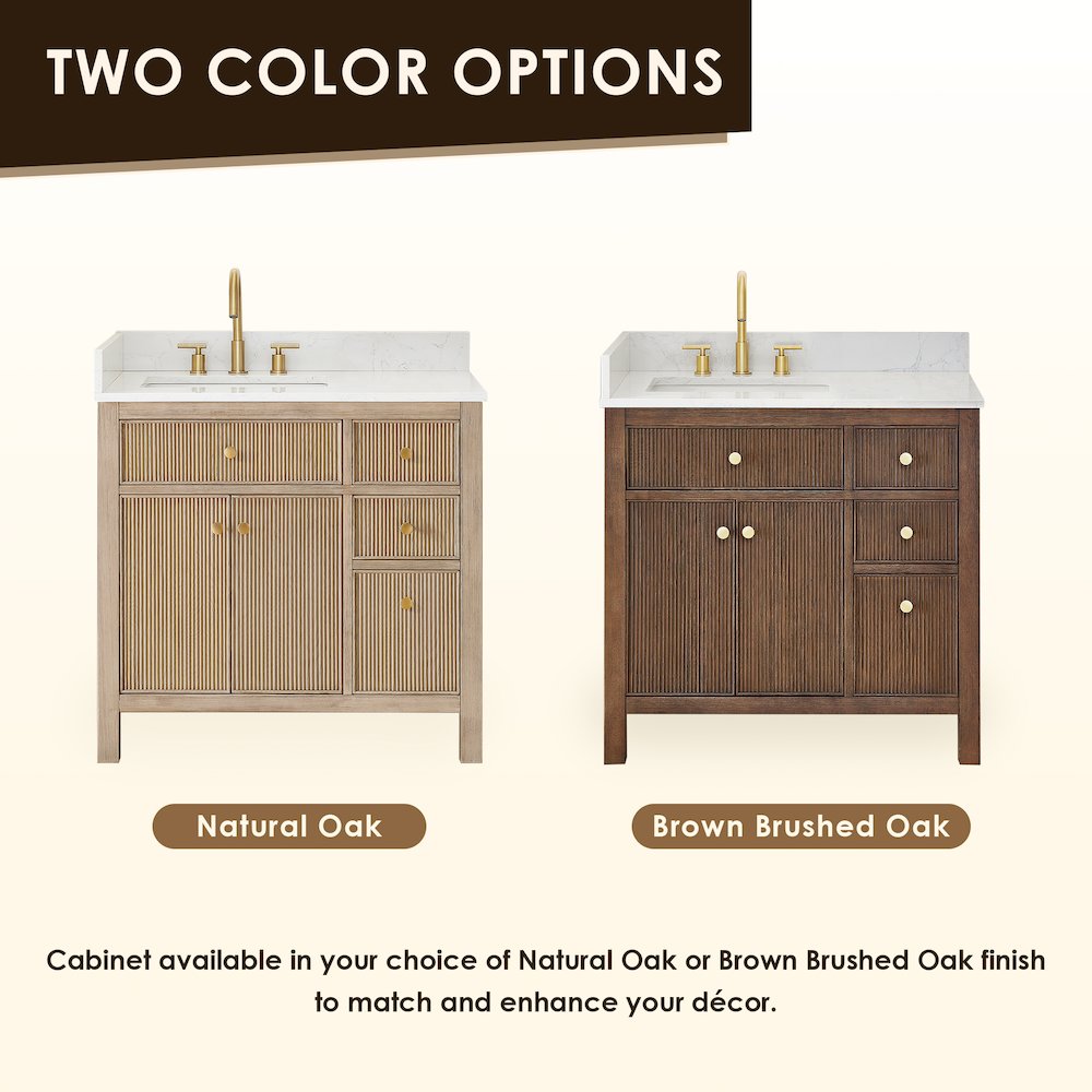 Single Bathroom Vanity in Brown Oak Grain White Engineered Stone Countertop. Picture 13