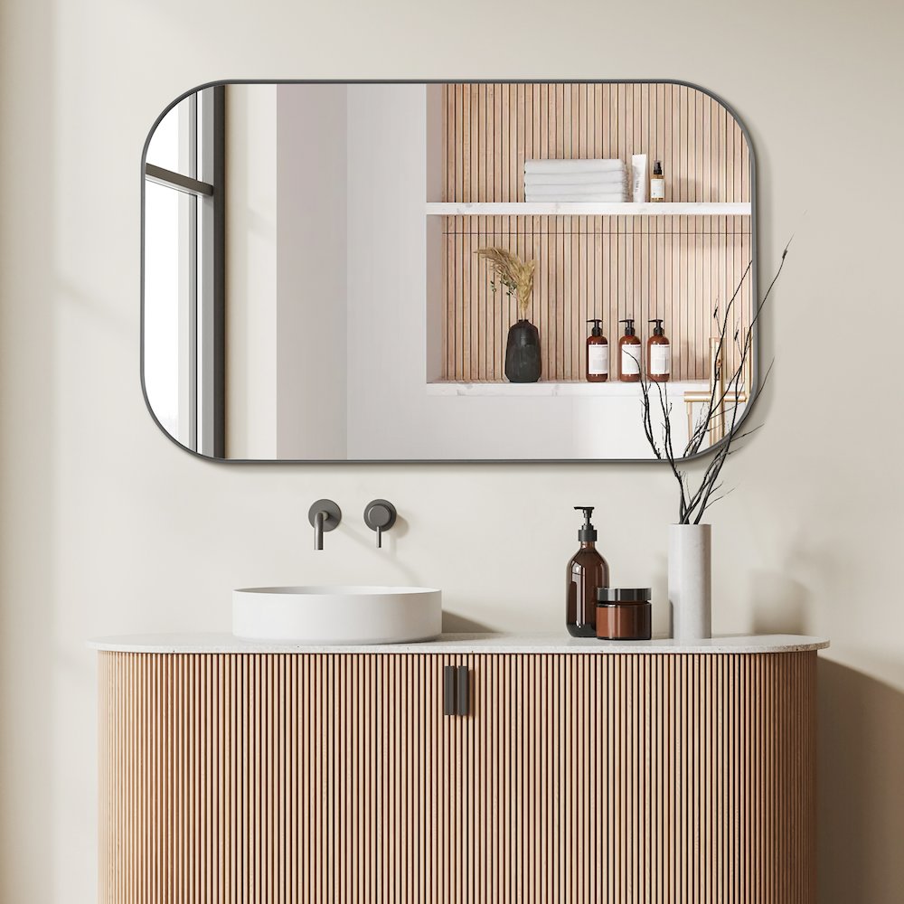 48x30" Rectangular Aluminum Framed in Gunmetal Modern Bathroom Wall Mirror. Picture 6