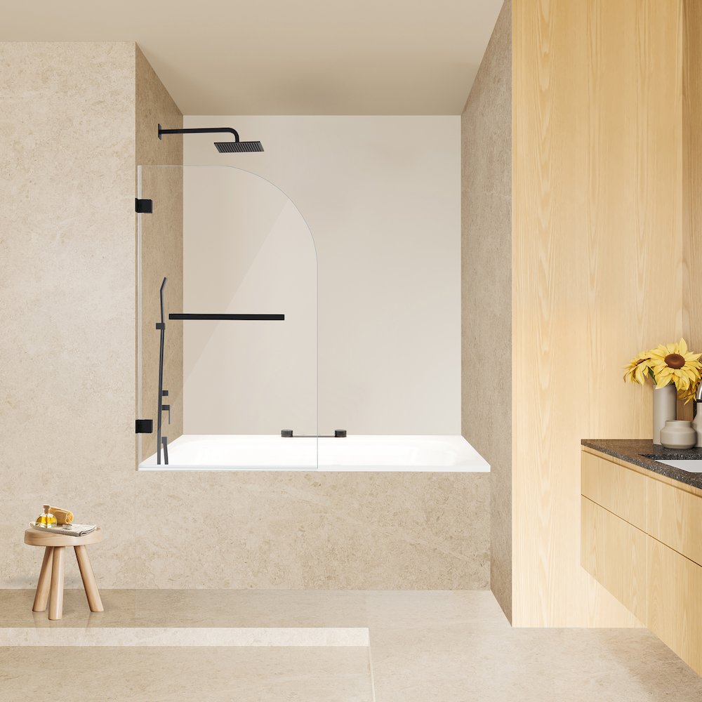 Frameless Hinged Tub Door in Matte Black with Clear Glass. Picture 6