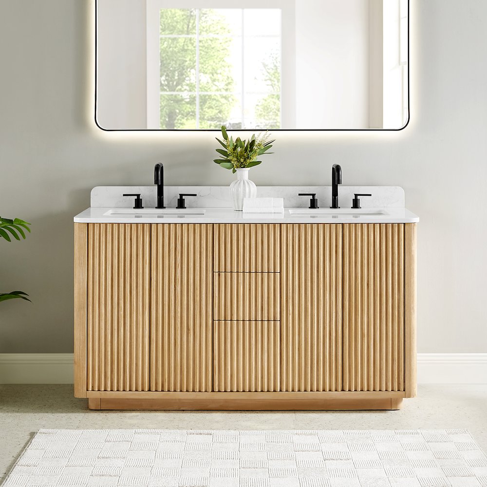 60" Double Bathroom Vanity in Washed Light Brown with Grain White. Picture 3