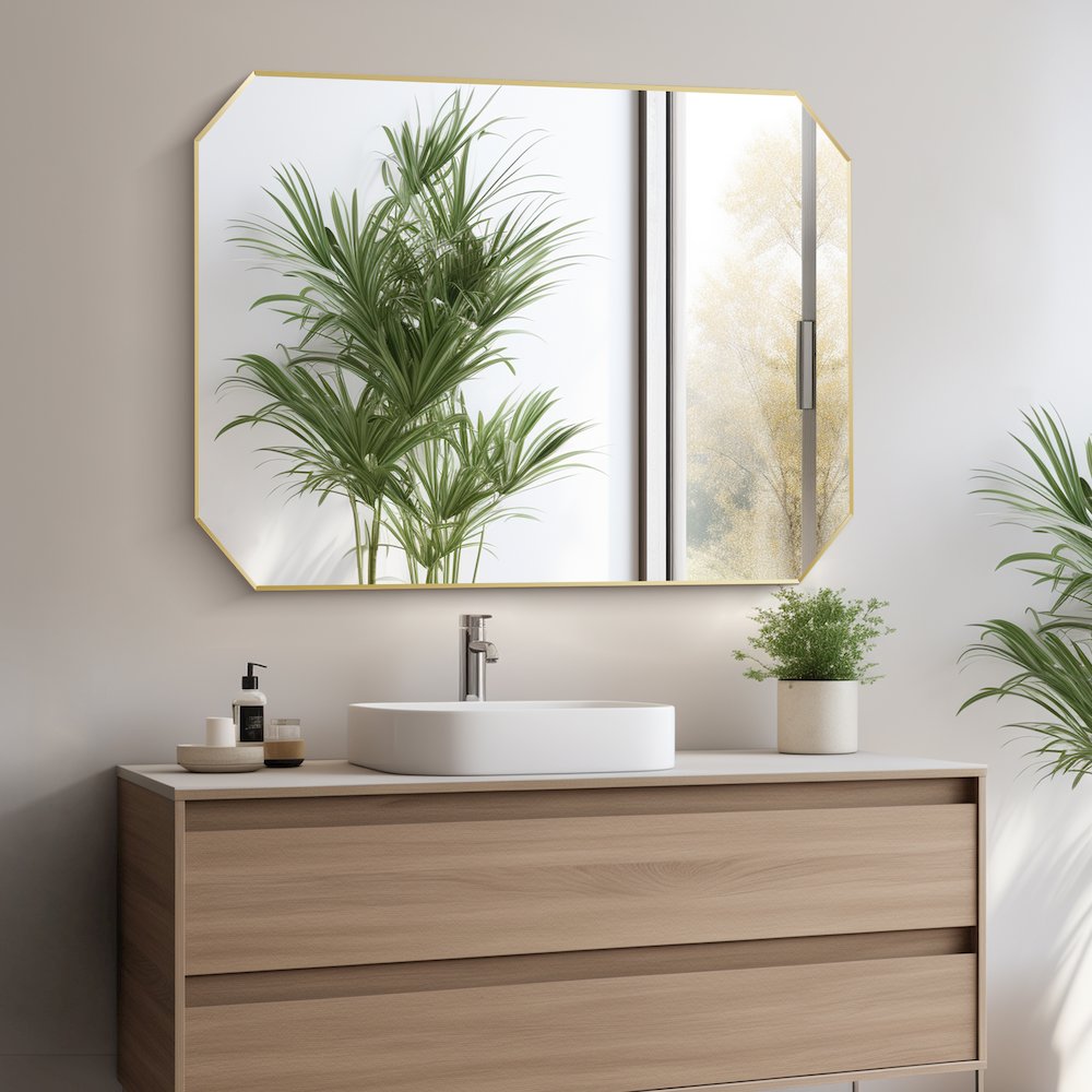 48"x30" Octagon Aluminum Framed in Brushed Gold Modern Bathroom Wall Mirror. Picture 7