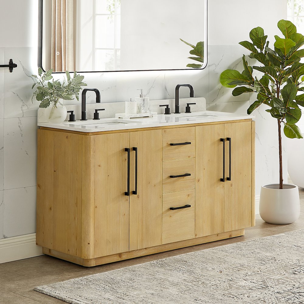 60" Double Bathroom Vanity in Nature Brown with Grain White. Picture 3