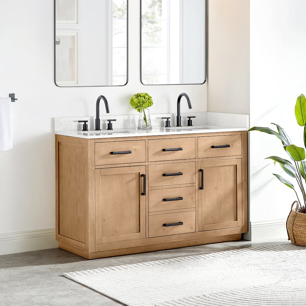 54" Double Bathroom Vanity in Light Brown with Grain White. Picture 3