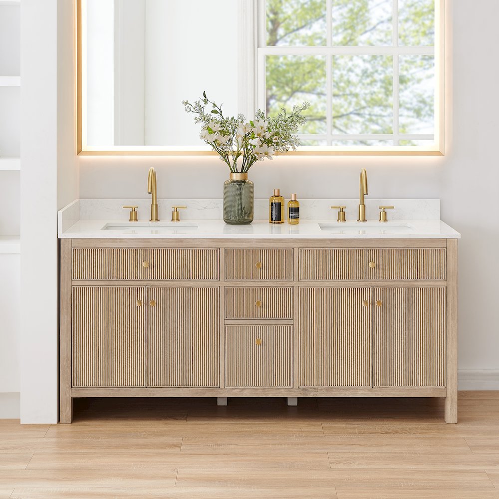 Double Bathroom Vanity in Nature Oak Grain White Engineered Stone Countertop. Picture 2