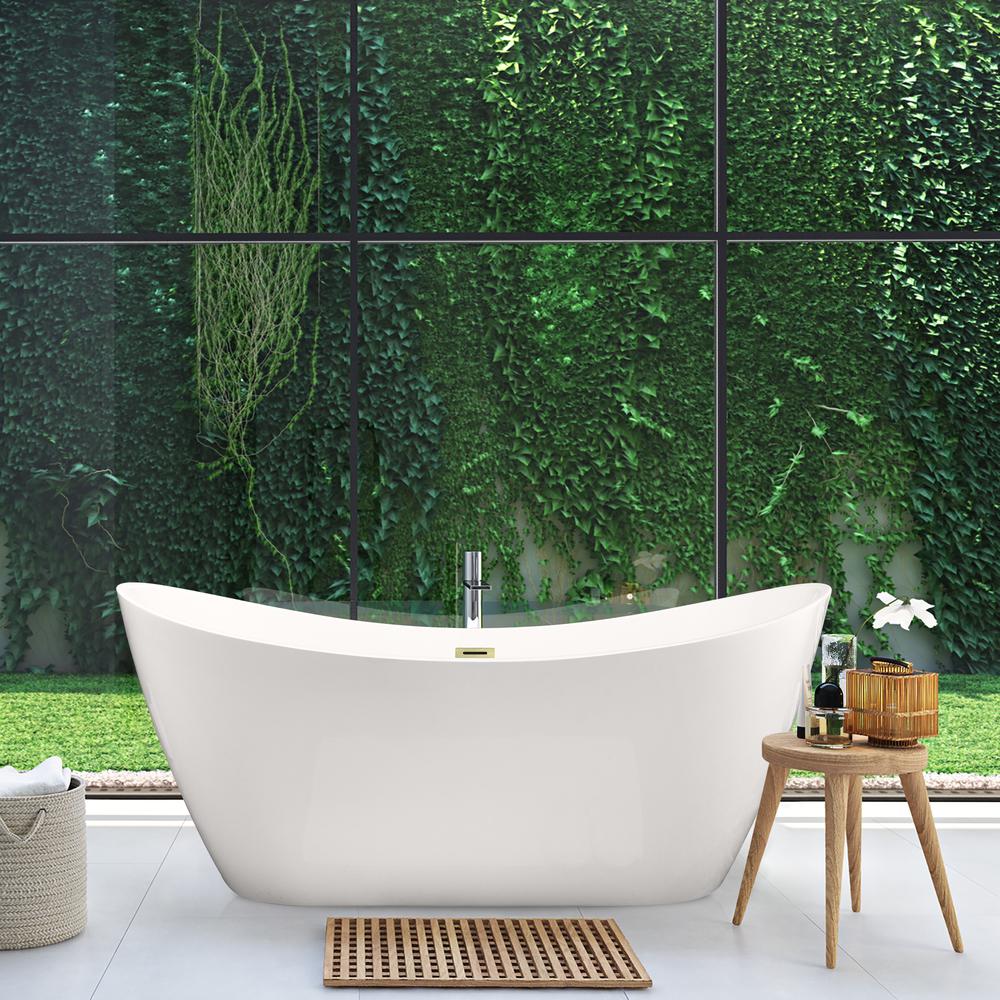 Vansza 67" x 32" Flatbottom Freestanding Acrylic Soaking Bathtub in Glossy White. Picture 10