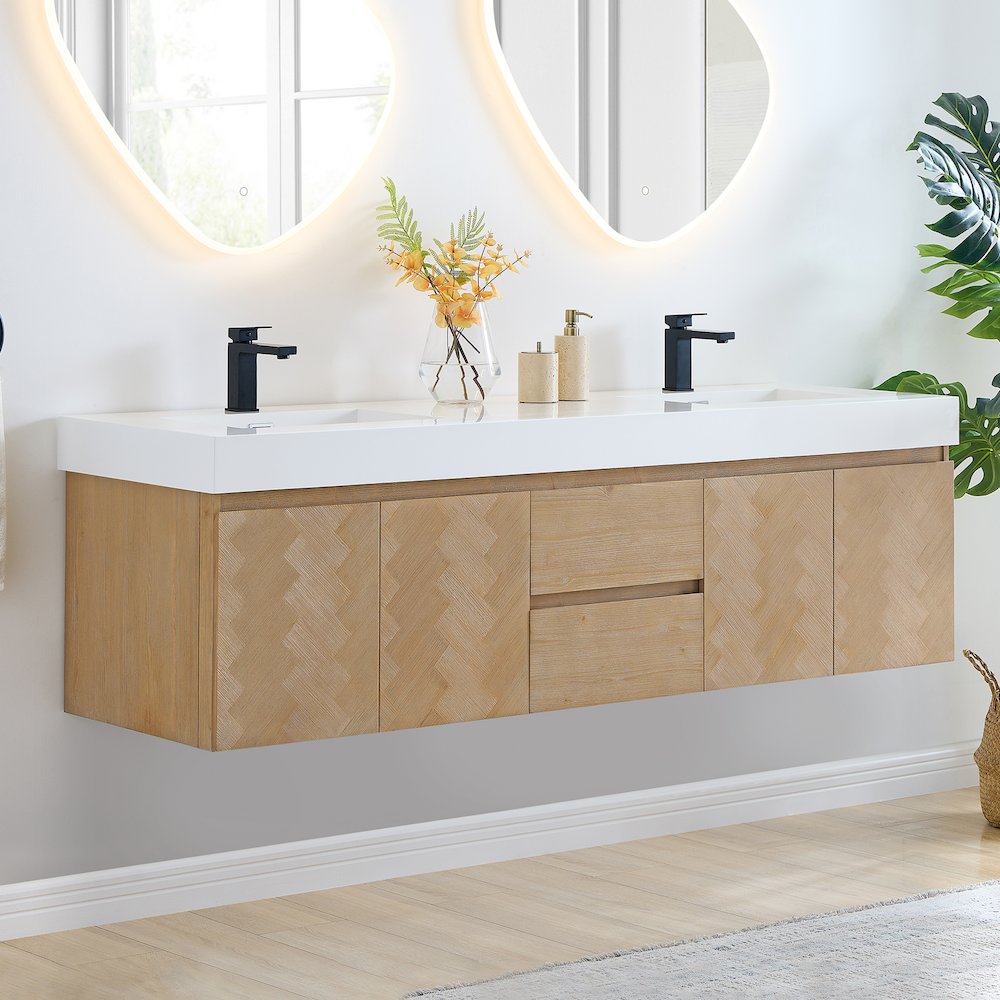 Double Bathroom Vanity in Light Brown White Artificial Drop-in Sink. Picture 3