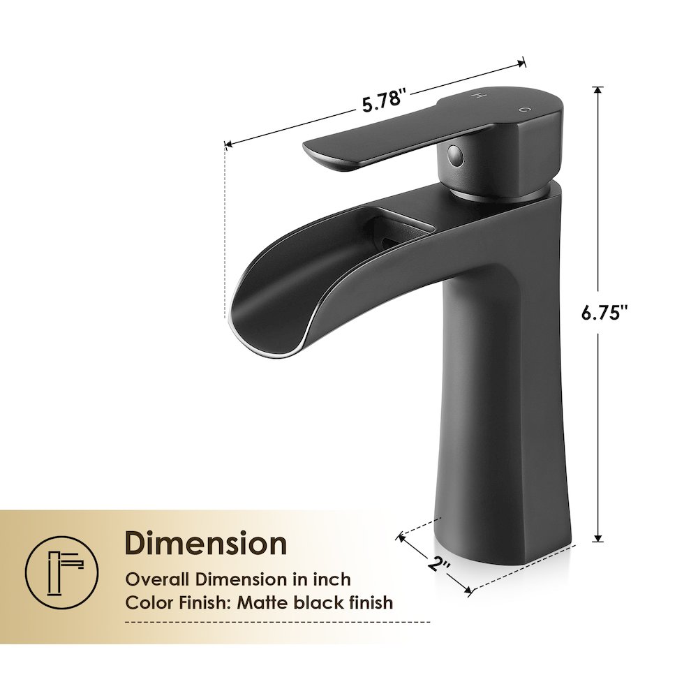 Single Hole Single-Handle Waterfall Bathroom Faucet in Matte Black. Picture 11