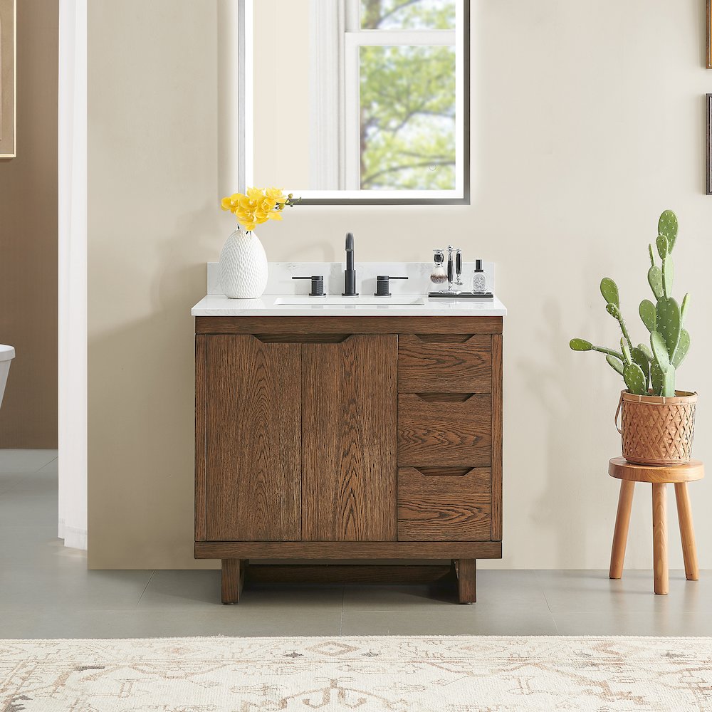 36" Single Bathroom Vanity in Brown Brushed Oak with Grain White. Picture 2
