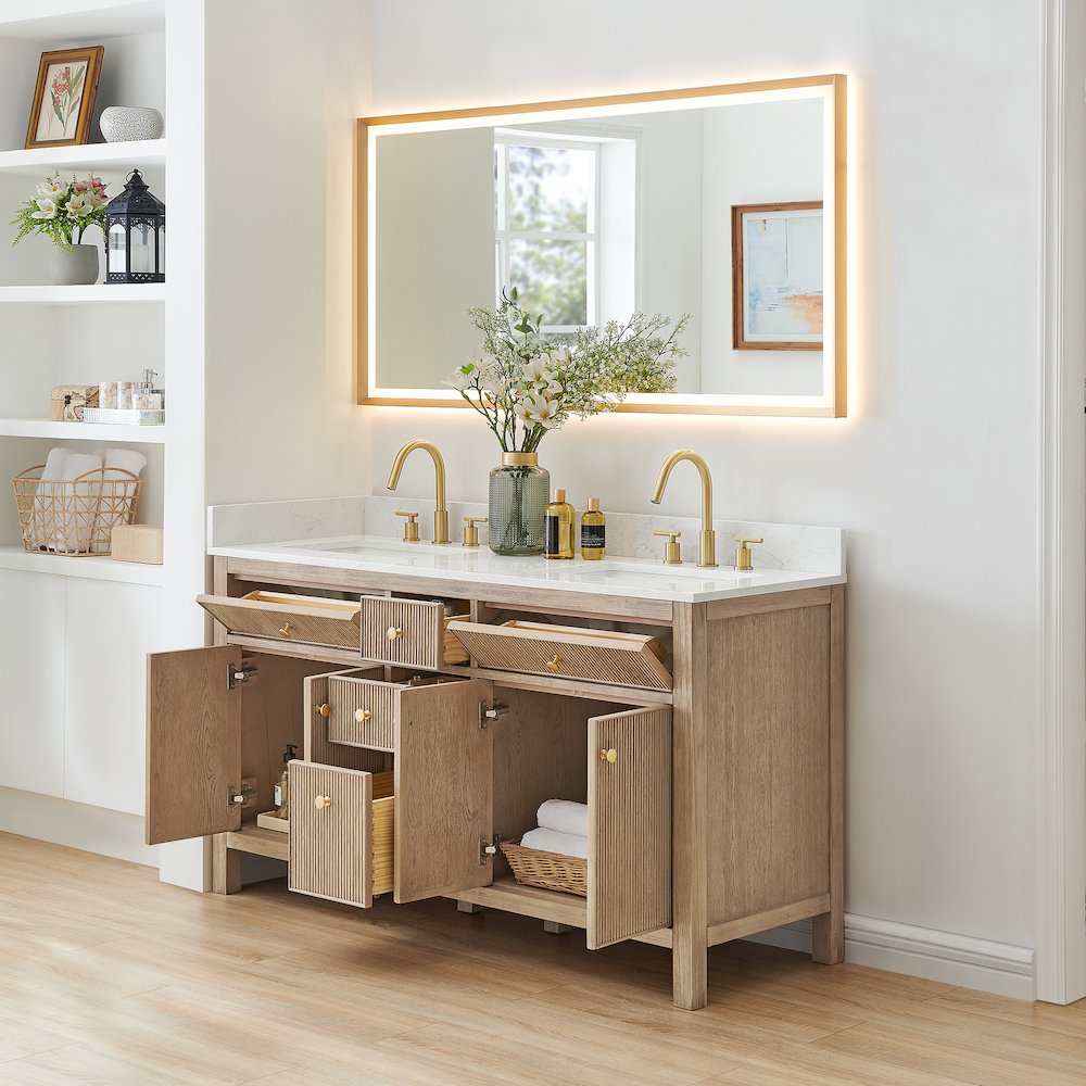 Double Bathroom Vanity in Nature Oak Grain White Engineered Stone Countertop. Picture 5