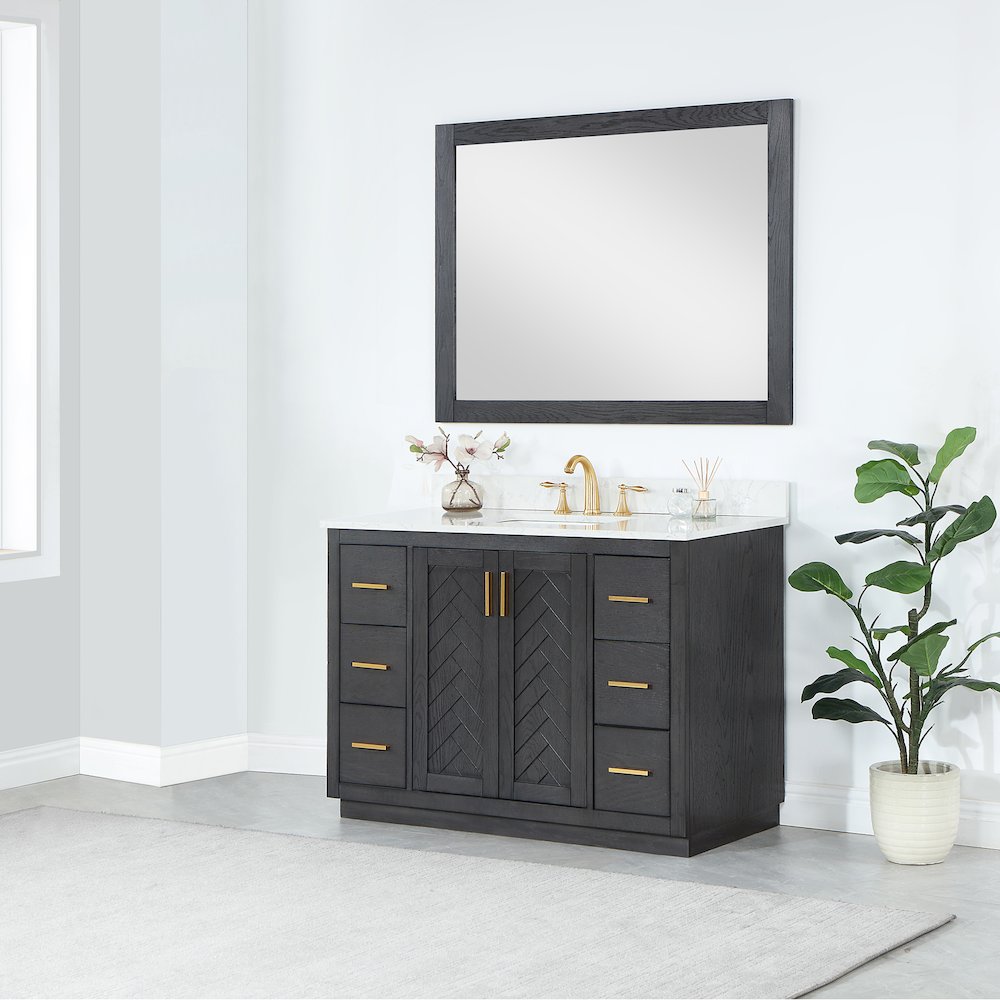 48" Rectangular Bathroom Wood Framed Wall Mirror in Brown Oak. Picture 6