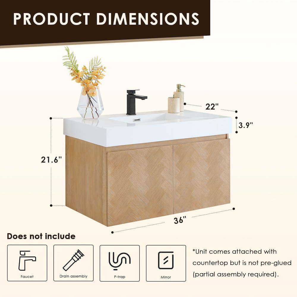 Single Bathroom Vanity in Light Brown White Artificial Drop-in Sink. Picture 10