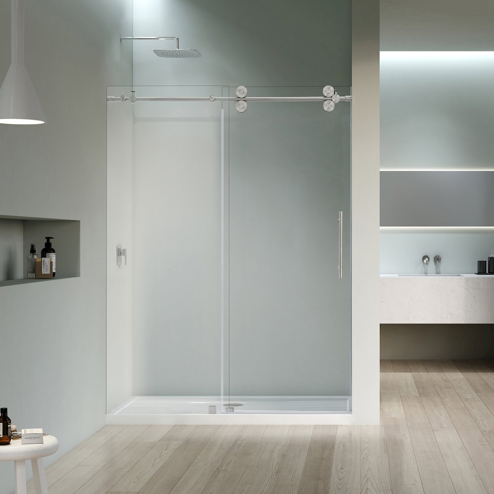 Single Sliding Frameless Shower Door in Brushed Nickel with Clear Glass. Picture 3