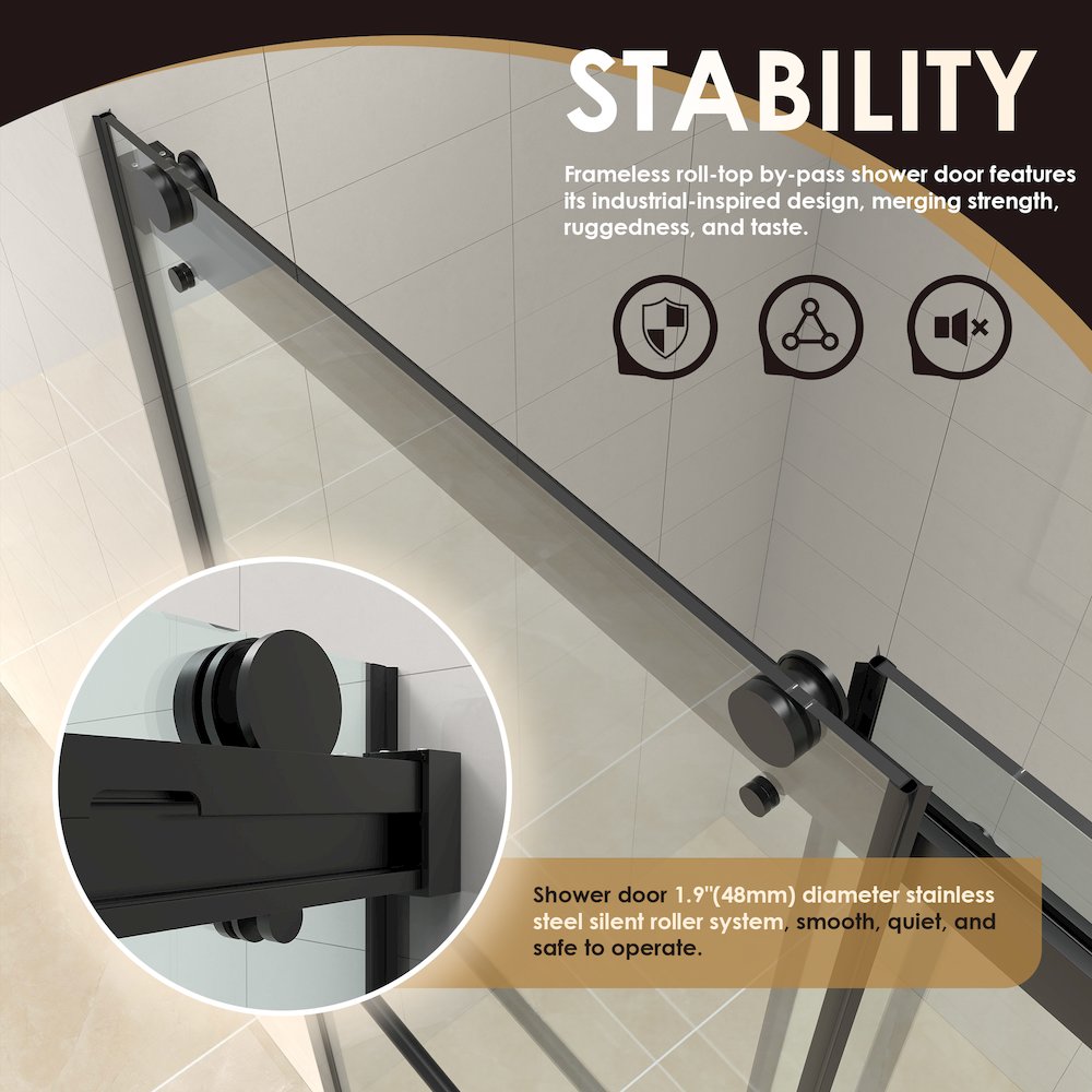 Frameless Exposed Roller Tub Door in Matte Black with Clear Glass. Picture 8