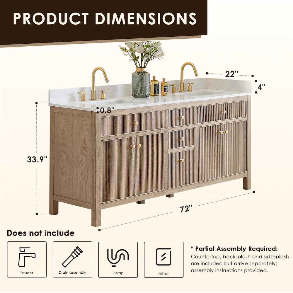 Double Bathroom Vanity in Nature Oak Grain White Engineered Stone Countertop. Picture 11