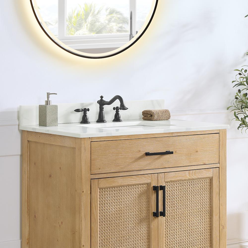 Arbios 36. in Quartz Stone Vanity Top in Calacatta White with White Sink. Picture 5