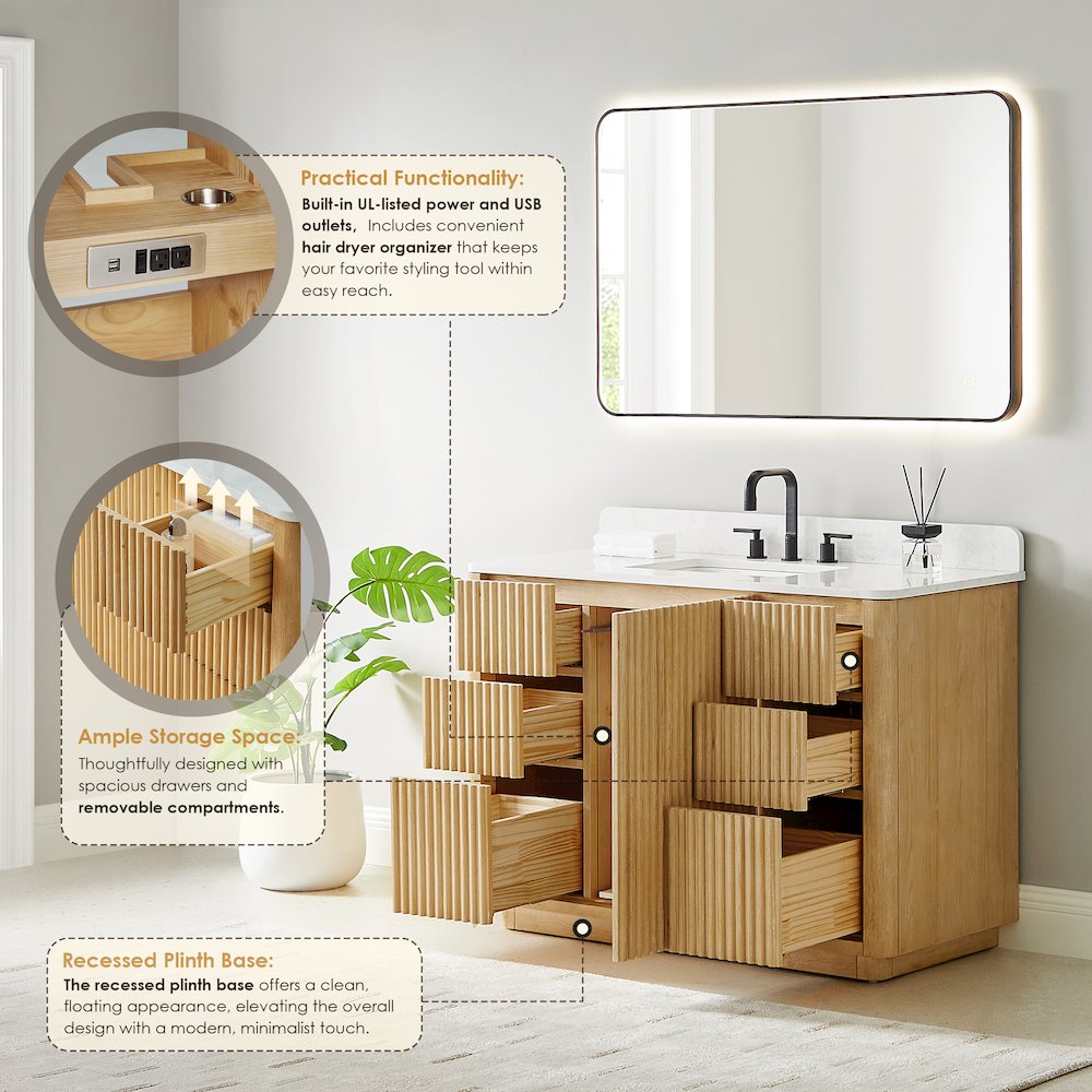 48" Single Bathroom Vanity in Washed Light Brown with Grain White. Picture 9