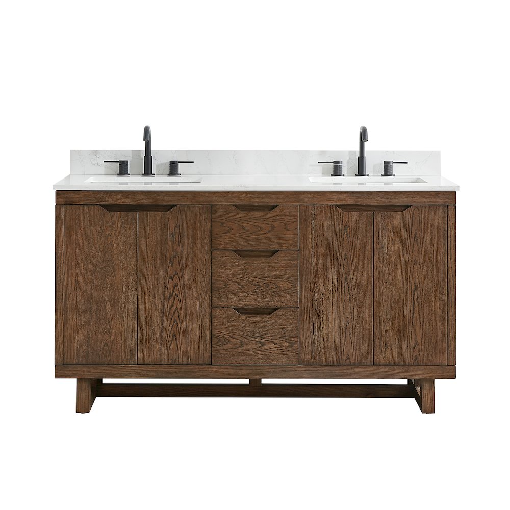 60" Double Bathroom Vanity in Brown Brushed Oak with Grain White. Picture 1