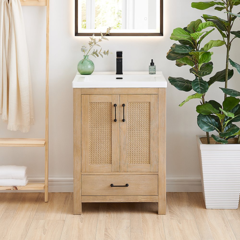 Single Bathroom Vanity in Light Brown White Ceramic Drop-in Sink. Picture 2