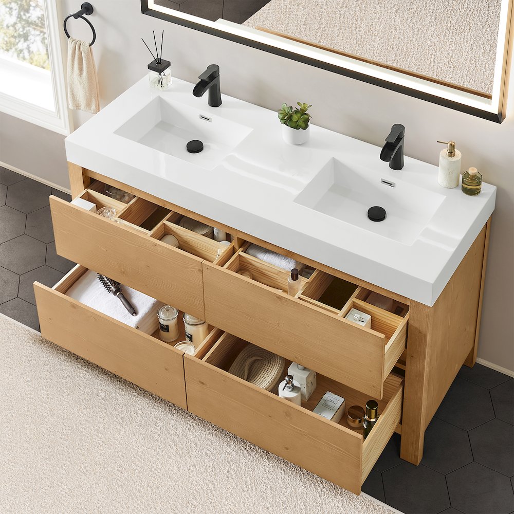 60" Double Bathroom Vanity in with White Artificial Stone Integrated Sink. Picture 5