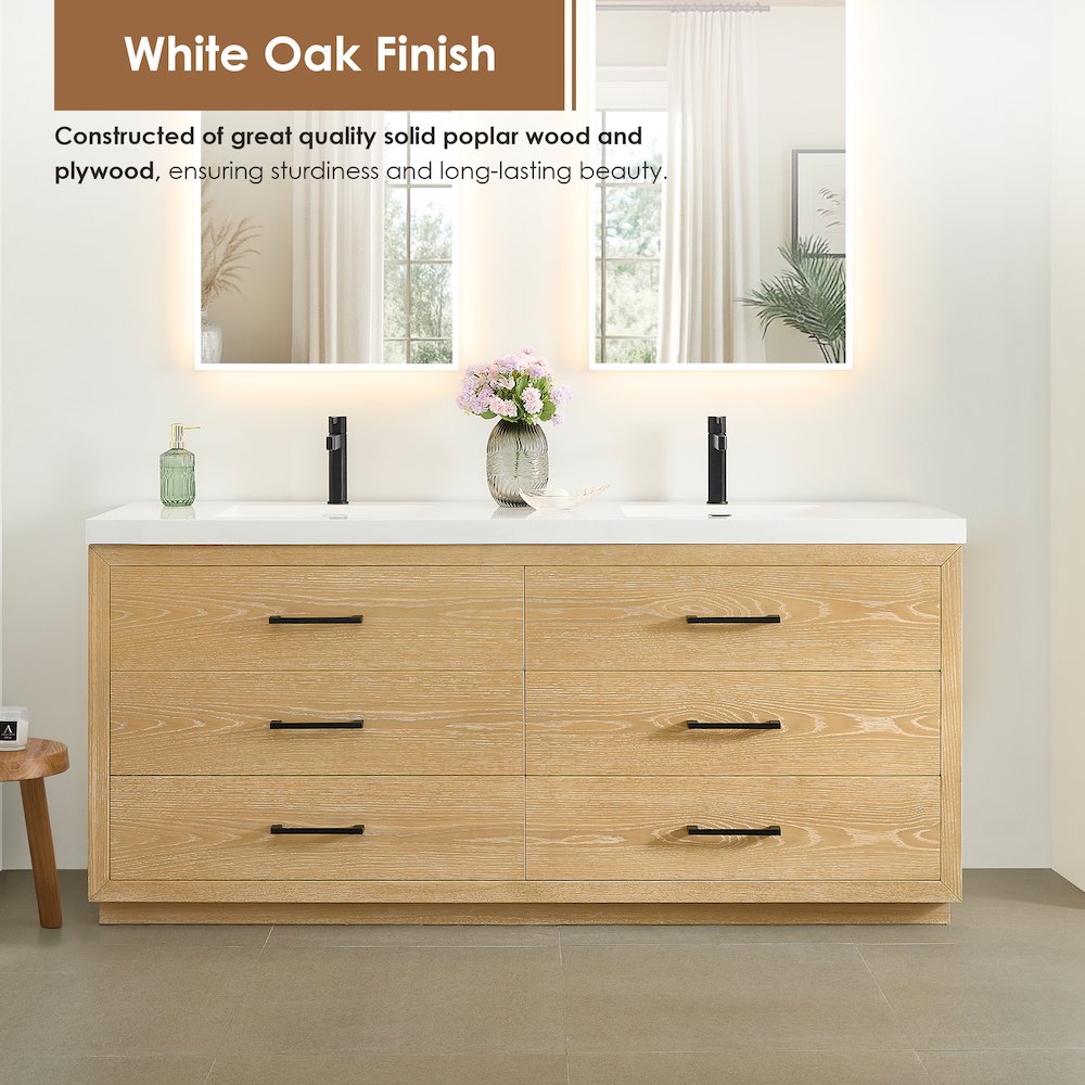 72" Double Bathroom Vanity in White Oak with White Artificial Drop-in Sink. Picture 8