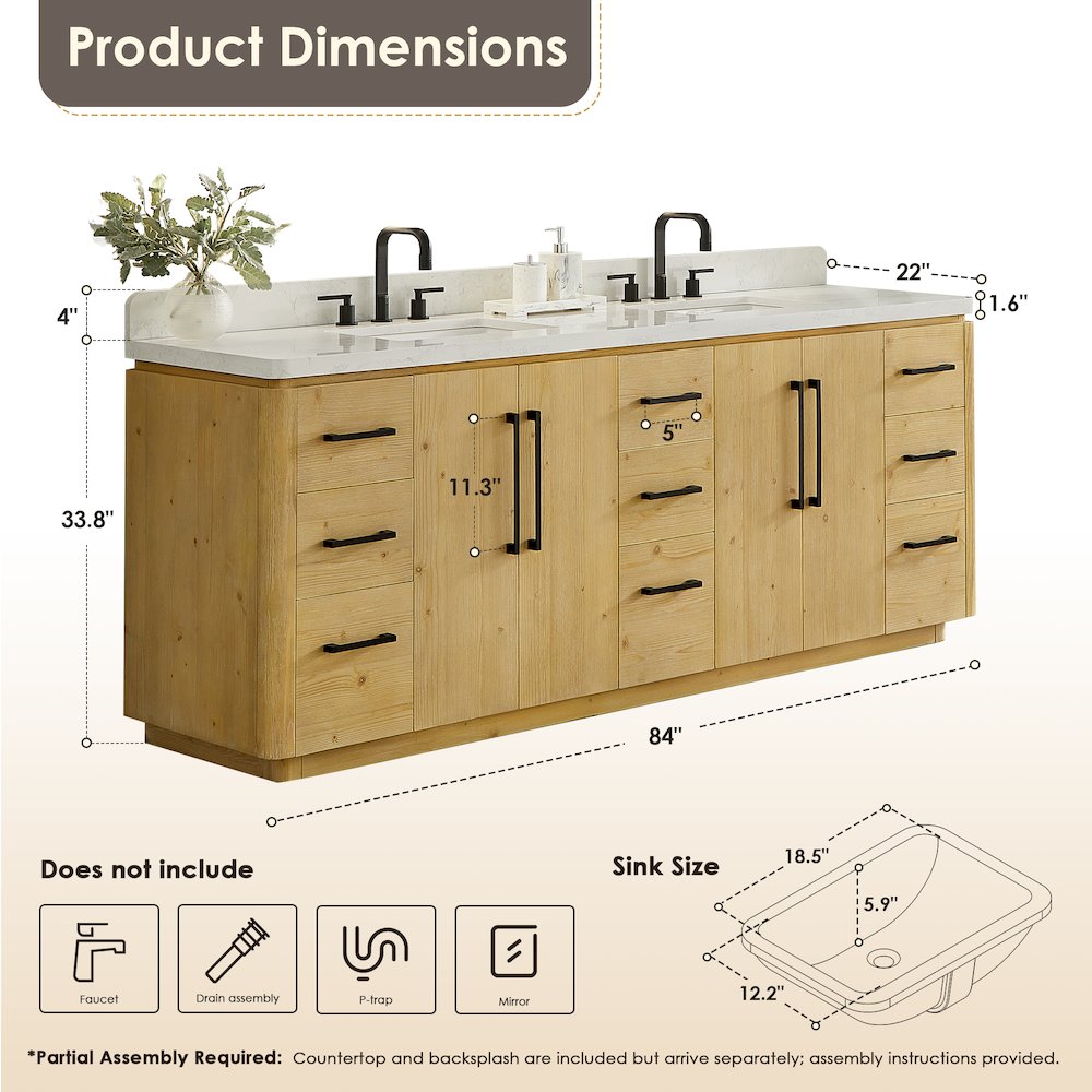 84" Double Bathroom Vanity in Nature Brown with Grain White. Picture 13